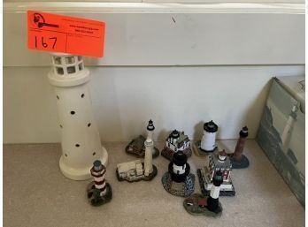 Lot Of (9) Mini Lighthouses & (1) Candle Cover Ceramic White Lighthouse