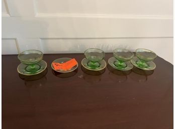 Green Depression Glass Dessert Set, (5) Plates & (4) Compotes
