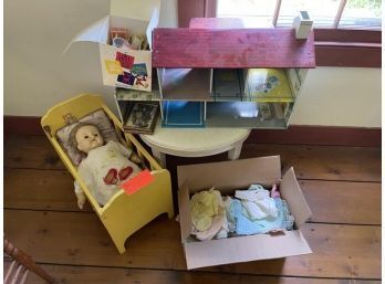 Tin Doll House With Small Box Of Doll House Items, Child's Doll Crib With Doll & Box Of Doll Clothes