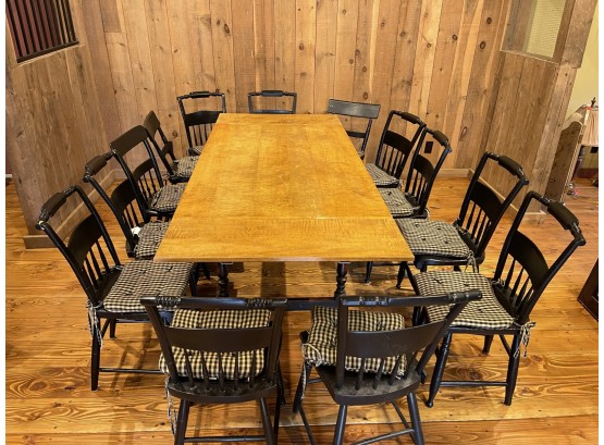 Table With (2) Leaves, (13) Chairs Total With Some Chairs Have Been Repaired & Some Need Repair & Some Chairs Don't Match, All Chairs Have Gingham Seat Cushions, 62' Long X 3' Wide X 30' Tall Each Leaf Adds 1' For Max Table Length 86'