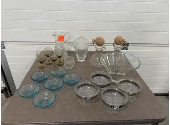 Glass Lot: (4) Ice Cream Bowls, (6) Small Blue Sauce Bowls, (5) Wine, (2) Vases, (2) Decanters With Cork Top