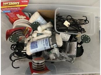 Large Lot Of Iron & Metal Hooks Of Different Shape & Sizes,  Twine & Rope, Christmas Tree Stands, Felt Furniture Moving Disks, Etc.