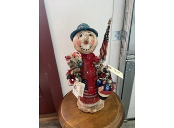 Krisnick Snowman 15'Tall, With Tag; Hand Made In USA, Signed On Bottom, Made Of Sculpting Compound Of Clay, Paper & Plaster Then Painted & Antiqued