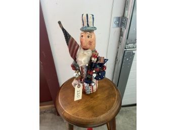 Krisnick Holiday Uncle Sam, 14' Tall, With Tag; Hand Made In USA, Signed On Bottom, Made Of Sculpting Compound Of Clay, Paper & Plaster Then Painted & Antiqued