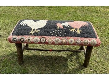 Bench With Wood Legs, Hooked & Stuffed With Chickens, 33' Long X 16' D X 16' T