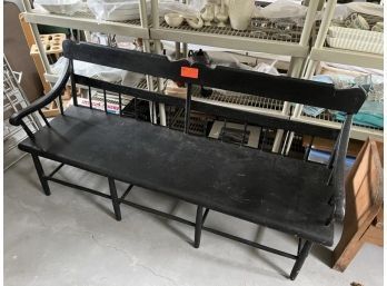 Single Bench, Painted Black, Cut Out Top Rail, Half Spindle Back, Front Right & Back Legs Split, Missing One Back Rung, Front Right Leg Short & Doesn't Reach Floor, 71' Long X 34'Tall With Seat Width 20'