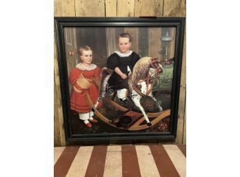 Framed Oil On Board Of Children With Rocking Horse, Repo Folk Art Style, 26'x27'