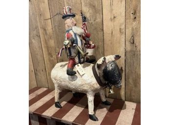 Krisnick Holiday Uncle Sam On Top Of Sheep, 27' Long X 14'  Tall, No Tag, With Tag; Hand Made In USA, Signed On Bottom, Made Of Sculpting Compound Of Clay, Paper & Plaster Then Painted & Antiqued