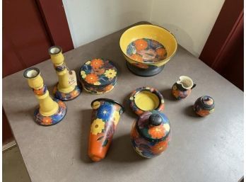 Lot Of (9) Peasant Art Industry, Made In Czech, Pair Of 9' Candle Sticks, Large 9' Diameter Bowl On Base Has Chips, Covered Jar, 8' Flower Sconce, Ashtray, Cream & Covered Sugar Has Chips, Covered Dish 6' Diameter