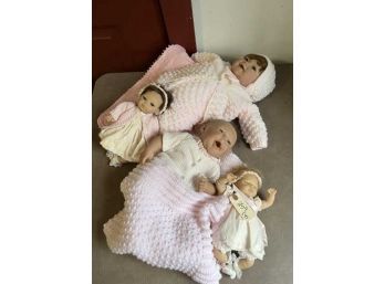 Lot Of (4) Vinyl Baby Dolls, 2 Large Weighted & 2 Small, All In Pink Outfits With Blankets, Some Knitted,  Ashton_Drake 10' To 20' Tall