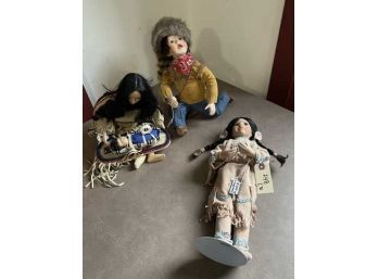 Lot Of (3) Dolls, All Porcelain, Davy Crocket Little Boy, Native American Maiden 16'Tall, Native American Mother With Baby In Papoose (one Missing Shoe)