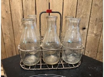Metal Milk Glass Carrier With (6) Bottles, Not Matching