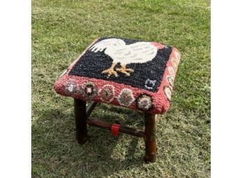 Stool With Wood Legs, Hooked & Stuff Seat With Chickens 16' Square