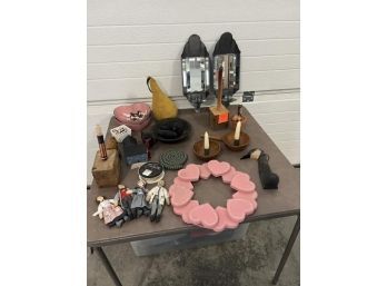 Wooden Ware & Candle Lights Including (4) Black Birds In A Bowl, Large Pear, Pink Heart Wreath, Canadian Goose Head, (4) Professional Dolls, (2) Mirrored Pewter Sconces