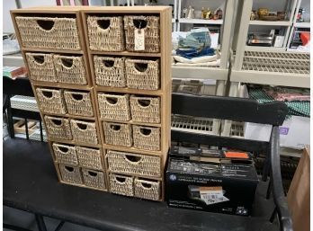 Lot Of (6) Stackable Wooden Storage Bins With Baskets; (1) HP Officejet 100 Mobile Printer, Like New