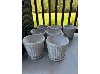 Lot Of (7) White Glazed Clay Pots With Basket Weave Patter, Attached Bases
