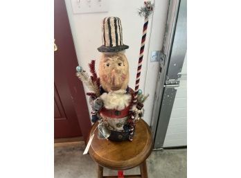 Krisnick Holiday Uncle Sam, 22' Tall To Top Of Pole, No Tag, With Tag; Hand Made In USA, Signed On Bottom, Made Of Sculpting Compound Of Clay, Paper & Plaster Then Painted & Antiqued