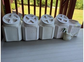 Lot Of (5) Plastic Screw Top Containers, (1) Watering Can With Spray