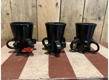 Lot Of (3) Black Glaze Pottery Mugs, Marked Plymouth Plantation