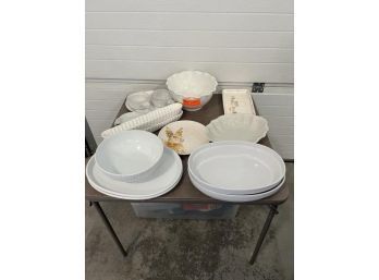Lot Of (18) Dishes, Mostly White Except (2) Easter Theme, Serving Bowls, Platters, Corning, Crate & Barrel, Rae Dunn