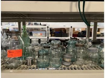 Canning Jar & Glass Jar/Bottle Lot: Large Assortment Of Ball Jars, Altas, Star Bottles, Mason String Jar Dispenser, Fish Bottle