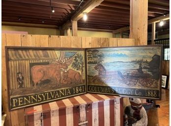 Lot Of (2) Kathy Graybill Hand Painted On Board Each 26'x38' Pennsylvania 1841 & Columbus Buggy Co 1888
