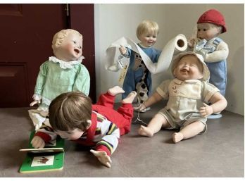 Lot Of (5) Baby Dolls, Porcelain, Baby Girl Jessica Kneeling On Blanket, Baby Girl Me & My Blankie, Baby Boy Alex With Book, Baby Tickles Sitting, Stevie