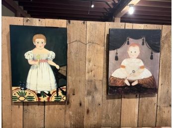 Lot Of (2) Oil On Canvas, No Frame, Repo Folk Art Style Girl & Baby, 16'x22' 16'x20'
