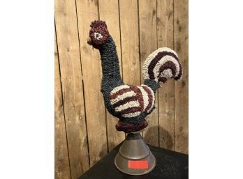 Kathy Graybill Fabric, Hooked & Stuffed Rooster On Metal Stand 25'Tall