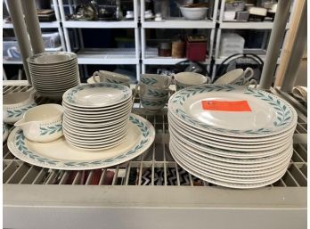Large Lot Of Dinner Ware: Homes Laughlin USA Set Including: 15 Dinner Plates, 16 Dessert Plates, 13 Cups, 16 Saucers, 2 Creamers, 1 Covered Sugar, Platter, 16 Cereal Bowls; Plus 2 Large Solid Blue Bowls & 16 Small Solid Blue Bowls