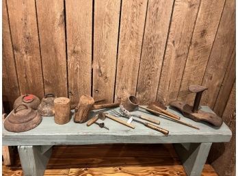Lot Of Tools Including (3) Horse Weights, (2) Mallets, (1) Ladle (1) Animal Comb, Utensils, (1) Cast Iron Shoe Lathe & Adjustable Stand