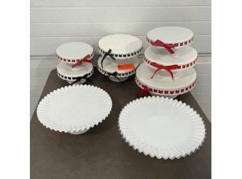 Lot Of (9) Cake Plates, (2) Milk Glass & (7) With Woven Ribbon Around Edge, Crate & Barrel, Grace's Teaware