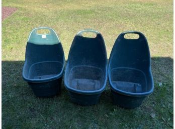 Lot Of (3) Green Plastic Pull/Push Garden Cart, Some With Cracked Bottoms