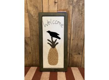 Wall Hanging 'Welcome' With Black Bird On Pineapple, Felt With Needle Point, 25'x12'