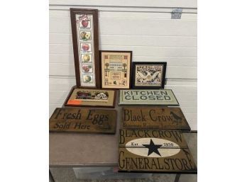 (4) Cross Stitch Framed Pieces & (4) Wooden Signs