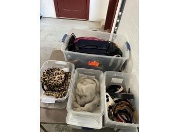 (1) Large Tub Of Pocket Books, (1) Small Tub Of Woman's Belts, Mostly Small, (2) Tubs With Animal Print Faux Fur Hats, Bag & Wrap