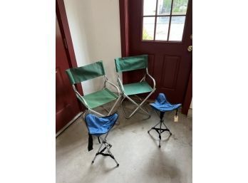 Lot Of (4) Camping Chairs; (2) Folding Green Canvas & (2) Folding Blue Stools