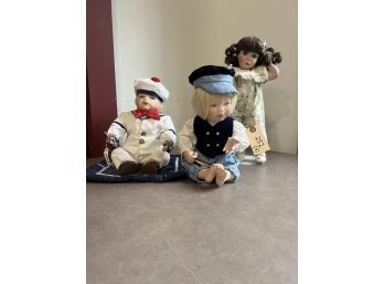 Lot Of (3) Porcelain Dolls, Sitting Matthew The Sailor, Sitting Hans With Wooden Shoe, Standing Steffie & Blanket