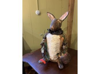 Rabbit With Garden Basket & Food, Signed On Base Krisnick USA, Made Of Clay, Paper, Plaster, Hand Painted Then Antiqued, No Tags, 28'Tall