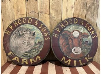 Lot Of (2) Kathy Graybill Hand Painted On Round Wood Board One Pig & One Cow H.P. Hood & Sons 2' Diameter