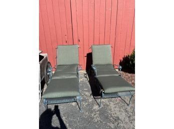 Pair Of Metal Lounge Chairs, Wheels, Green Cushions