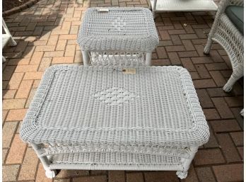 Lot Of (2) Resin White Wicker Coffee Table  Minor Damage & Unraveling, 30'x18'x 18' Tall & 23'Tallx 17' Square Top