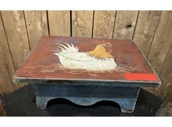 Wooden Stool With Painted Hen, Signed S. Georgieff 16'x11'x7'