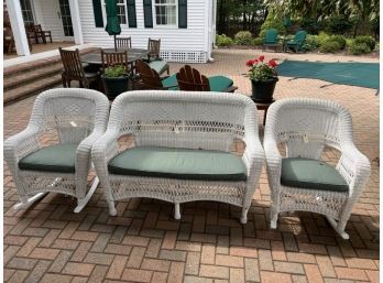 Lot Of (3) Outdoor Resin White Wicker (1) Love Seat 52'Long; (2) Rocking  Chairs, Minor Damage, Unraveling, With Seat Cushions
