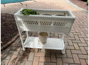 Outdoor Resin White Wicker Plant Stand With Lower Shelf, Rectangular, 32'Long X 12' Wide X 30' Tall