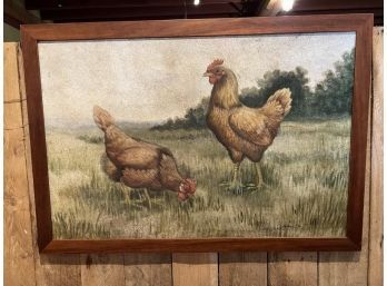 Framed Oil On Canvas Of Chickens, Signed, 39'x27'