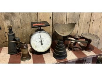 Lot Of (5) Items Including Scales, Weights, Oil Can & Lamp