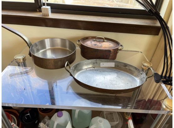 Lot Of (3) Pieces Of Copper Cookware; 11' Sauce Pan, 16' Double Handle, 10.5' Covered Pot