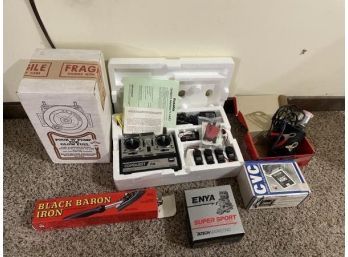 Model Airplane Kit Parts Including Enya Engine, Conquest Futaba FP-T4NBF Super Starter, Black Baron Iron, Six Shooter Pour & Pump For Glow Fuel