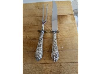 Flat Ware Pieces Including Forks, Knives  Sterling Hand With Stainless Steel Carving Set
